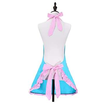 Violet Mist Lovely Retro Cute Aprons for Women with Pocket Blue Pink Vintage Aprons for Girls Ladies Ruffle Frilly Christmas Apron Kawaii Cotton 50s Maid Kitchen Aprons for Cooking Baking Mothers Gift