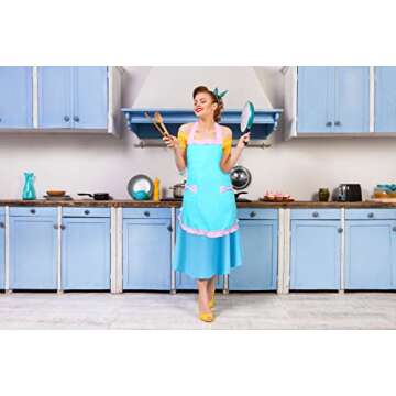 Violet Mist Lovely Retro Cute Aprons for Women with Pocket Blue Pink Vintage Aprons for Girls Ladies Ruffle Frilly Christmas Apron Kawaii Cotton 50s Maid Kitchen Aprons for Cooking Baking Mothers Gift