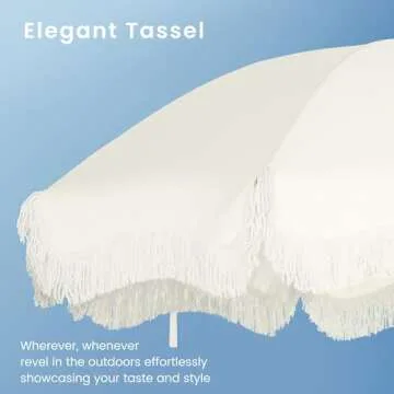 PHI VILLA 7ft Patio Umbrellas with Fringe, Outdoor Tilt Beach Umbrella Portable for Sand, UPF 50+ Canopy with 8 High Wind Proof Fiberglass Ribs and Carry Bag, Creamy White(No Base)