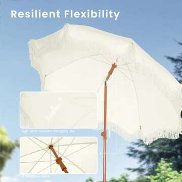 PHI VILLA 7ft Patio Umbrellas with Fringe, Outdoor Tilt Beach Umbrella Portable for Sand, UPF 50+ Canopy with 8 High Wind Proof Fiberglass Ribs and Carry Bag, Creamy White(No Base)