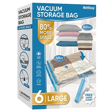 MattEasy Space Saver Vacuum Storage Bags - Large 6 Pack with Pump for Clothes & Bedding