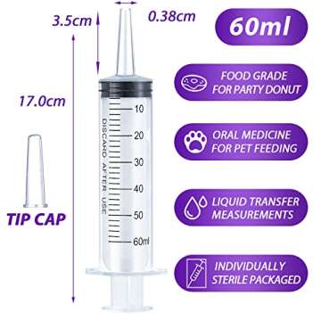 60ml Syringe for Liquid, Oral, Scientific Labs, Measurement, Dispensing, Catheter Tip with Cap- 3 Pa...