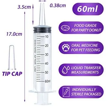 60ml Syringe for Liquid, Oral, Scientific Labs, Measurement, Dispensing, Catheter Tip with Cap- 3 Pa...