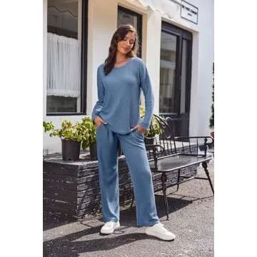 Ekouaer Women's Waffle Knit Pajama Sets Comfy Long Sleeve Lounge Sets 2 Piece Matching Pj Sets with Pockets Blue Large