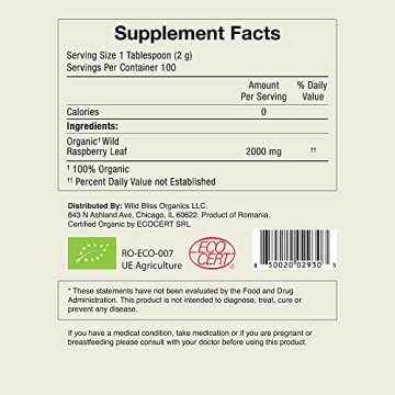 Wild Bliss Organic Red Raspberry Leaf Tea for Menstrual and Pregnancy Support - 7 Ounces