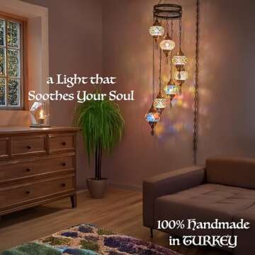 DEMMEX 7-Globe Plug-in Turkish Moroccan Mosaic Chandelier – Tiffany Style Ceiling Lamp, Hanging Pe...