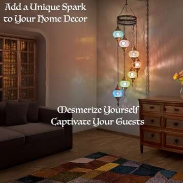 DEMMEX 7-Globe Plug-in Turkish Moroccan Mosaic Chandelier – Tiffany Style Ceiling Lamp, Hanging Pendant Light Fixture, Bohemian Swag Lighting, Handmade, 15ft Cord&Chain, Hangs 5ft, Multicolor
