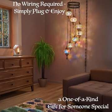 DEMMEX 7-Globe Plug-in Turkish Moroccan Mosaic Chandelier – Tiffany Style Ceiling Lamp, Hanging Pendant Light Fixture, Bohemian Swag Lighting, Handmade, 15ft Cord&Chain, Hangs 5ft, Multicolor