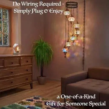 DEMMEX 7-Globe Plug-in Turkish Moroccan Mosaic Chandelier – Tiffany Style Ceiling Lamp, Hanging Pendant Light Fixture, Bohemian Swag Lighting, Handmade, 15ft Cord&Chain, Hangs 5ft, Multicolor