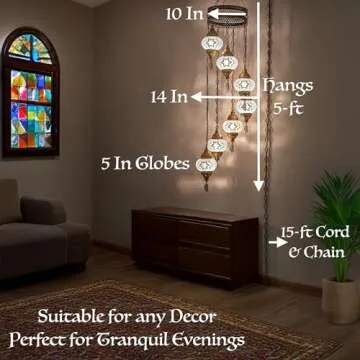 DEMMEX 7-Globe Plug-in Turkish Moroccan Mosaic Chandelier – Tiffany Style Ceiling Lamp, Hanging Pendant Light Fixture, Bohemian Swag Lighting, Handmade, 15ft Cord&Chain, Hangs 5ft, Multicolor