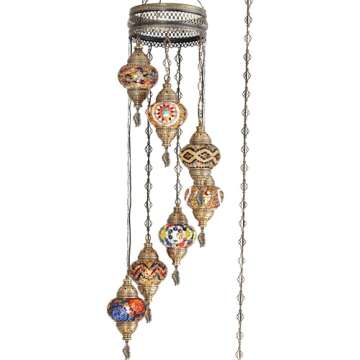 DEMMEX 7-Globe Plug-in Turkish Moroccan Mosaic Chandelier – Tiffany Style Ceiling Lamp, Hanging Pendant Light Fixture, Bohemian Swag Lighting, Handmade, 15ft Cord&Chain, Hangs 5ft, Multicolor