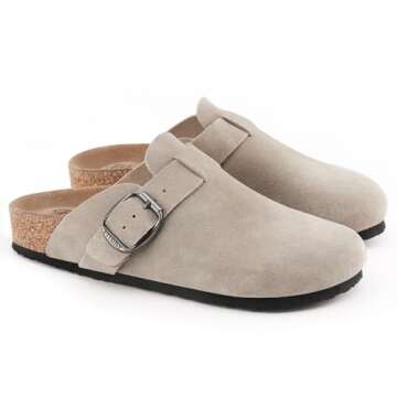 FITORY Womens Clogs Slip-on Potato Shoes Leather Mules with Suede Cork Footbed Taupe Size 9