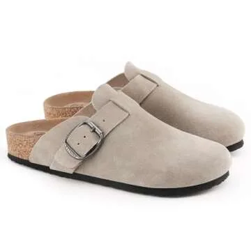 FITORY Womens Clogs Slip-on Potato Shoes Leather Mules with Suede Cork Footbed Taupe Size 9