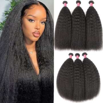 UNice Hair 10A Yaki Kinky Straight Human Hair 3 Bundles, 100% Unprocessed Mongolian Virgin Human Hai...
