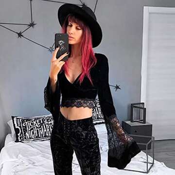 Women's Sexy Vintage Gothic Lace Flare Sleeve T Shirt Tops Hollow Out Retro Crop Tops for Halloween Party Festival Black a Medium