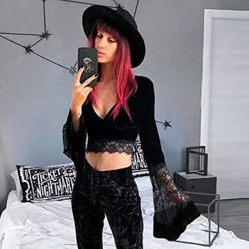 Women's Sexy Vintage Gothic Lace Flare Sleeve T Shirt Tops Hollow Out Retro Crop Tops for Halloween Party Festival Black a Medium