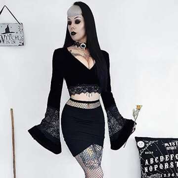 Women's Sexy Vintage Gothic Lace Flare Sleeve T Shirt Tops Hollow Out Retro Crop Tops for Halloween Party Festival Black a Medium