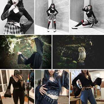 Women's Sexy Vintage Gothic Lace Flare Sleeve T Shirt Tops Hollow Out Retro Crop Tops for Halloween Party Festival Black a Medium