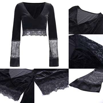 Women's Sexy Vintage Gothic Lace Flare Sleeve T Shirt Tops Hollow Out Retro Crop Tops for Halloween Party Festival Black a Medium