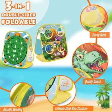 3-in-1 Dinosaur Bean Bags Toss Axes Throwing Sticky Balls Game for Kids 2 3 4 5 Years Old Toddlers Indoor Outdoor Sports Toys Gifts for Boys Birthday Valentines Easter Christmas Stocking Stuffer