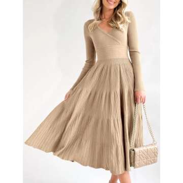 Saodimallsu Womens V Neck Midi Sweater Dress Wrap Long Sleeve Pleated A Line Fit Flare Elegant Knit ...