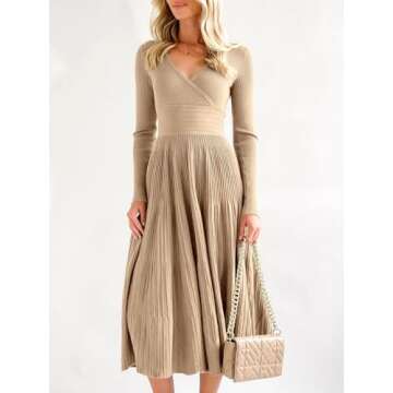 Saodimallsu Womens V Neck Midi Sweater Dress Wrap Long Sleeve Pleated A Line Fit Flare Elegant Knit Maxi Dress Khaki