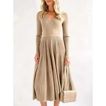 Chic Saodimallsu V Neck Midi Sweater Dress for Women