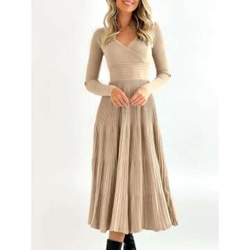 Saodimallsu Womens V Neck Midi Sweater Dress Wrap Long Sleeve Pleated A Line Fit Flare Elegant Knit Maxi Dress Khaki