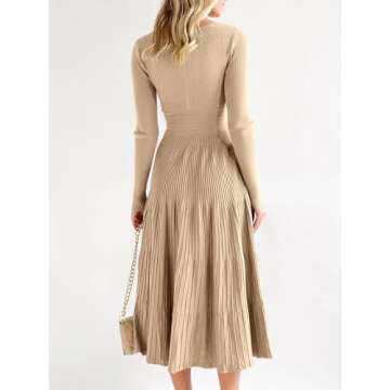 Saodimallsu Womens V Neck Midi Sweater Dress Wrap Long Sleeve Pleated A Line Fit Flare Elegant Knit Maxi Dress Khaki