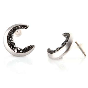 Laonato Crescent Moon and Black CZ Earrings (White Gold)