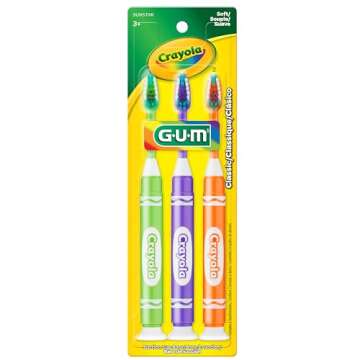 GUM Crayola Marker Children’s Toothbrush, Soft Bristled Kids’ Toothbrush Set Age 3+, Suction Cup Base, 3 Count