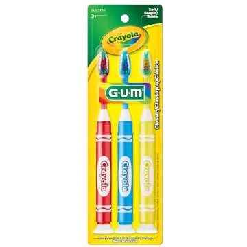 GUM Crayola Marker Children’s Toothbrush, Soft Bristled Kids’ Toothbrush Set Age 3+, Suction Cup Base, 3 Count