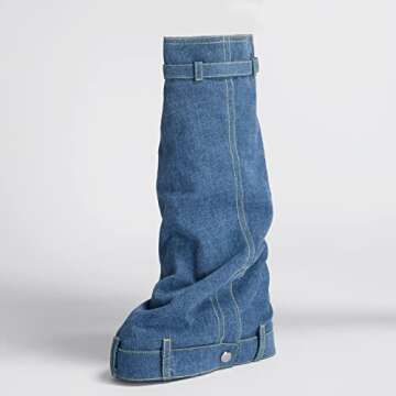 Arqa Women's Fold Over Denim Knee High Boots Platform Heel Padlock Boot with Zipper Blue Jeans Biker Shoes