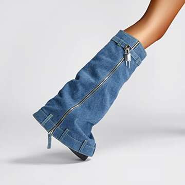 Arqa Women's Fold Over Denim Knee High Boots Platform Heel Padlock Boot with Zipper Blue Jeans Biker Shoes