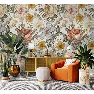 Murwall Kids Floral Wallpaper Soft Peony and Daisy Flowers Wall Mural