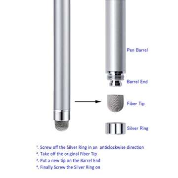 Stylus Pens, CCIVV 4 Pcs 5.6 Inches Mesh Tip Stylus for Touch Screens, iPad, iPhone, Kindle Fire, 4 Extra Replaceable Hybrid Fiber Tips (White, Black, Silver, Blue)