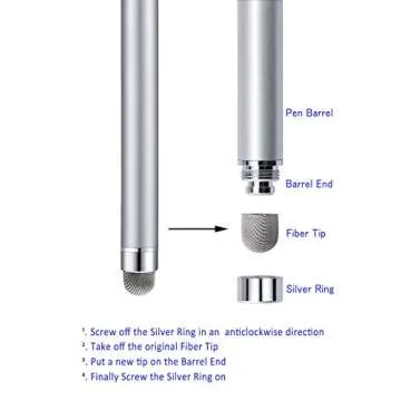 Stylus Pens, CCIVV 4 Pcs 5.6 Inches Mesh Tip Stylus for Touch Screens, iPad, iPhone, Kindle Fire, 4 Extra Replaceable Hybrid Fiber Tips (White, Black, Silver, Blue)