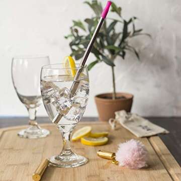 Strawberri Blush Stainless Steel Straw with Soft Silicone Tip - STRAWBERRI STRAWS Reusable, Collapsible, Eco-Friendly. Includes: Straw, Case, Pom-Pom Keychain, Straw Cleaning Brush. (Blush)