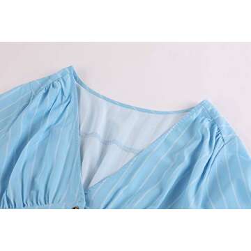 Sibylla Women's Boho Button Down Pleated Swing Dress Half Sleeve Deep V Neck Party Midi Dresses (Medium, X-Blue)