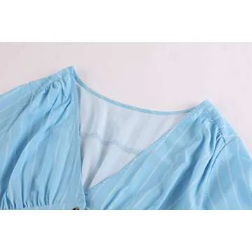 Sibylla Women's Boho Button Down Pleated Swing Dress Half Sleeve Deep V Neck Party Midi Dresses (Medium, X-Blue)