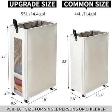 ZERO JET LAG 25 Inches Slim Laundry Storage Hamper - Large Rolling Clothes Hamper - Rolling Storage Bin - Tall Corner Basket - Clear Window Visible - Dirty Laundry Bin - (Beige) - Slim Hamper