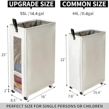 ZERO JET LAG 25 Inches Slim Laundry Storage Hamper - Large Rolling Clothes Hamper - Rolling Storage Bin - Tall Corner Basket - Clear Window Visible - Dirty Laundry Bin - (Beige) - Slim Hamper