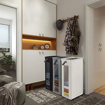 ZERO JET LAG 25 Inches Slim Laundry Storage Hamper - Large Rolling Clothes Hamper - Rolling Storage Bin - Tall Corner Basket - Clear Window Visible - Dirty Laundry Bin - (Beige) - Slim Hamper