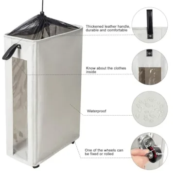 ZERO JET LAG 25 Inches Slim Laundry Storage Hamper - Large Rolling Clothes Hamper - Rolling Storage Bin - Tall Corner Basket - Clear Window Visible - Dirty Laundry Bin - (Beige) - Slim Hamper