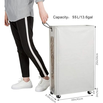 ZERO JET LAG 25 Inches Slim Laundry Storage Hamper - Large Rolling Clothes Hamper - Rolling Storage Bin - Tall Corner Basket - Clear Window Visible - Dirty Laundry Bin - (Beige) - Slim Hamper