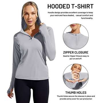 MIER Women's UPF 50+ Long Sleeve Hoodie Shirts Quarter Zip Rash Guard Swim Shirts for Hiking Running Fishing with Thumbholes, Grey, M