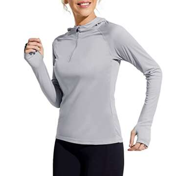 MIER Women's UPF 50+ Long Sleeve Hoodie Shirts Quarter Zip Rash Guard Swim Shirts for Hiking Running Fishing with Thumbholes, Grey, M