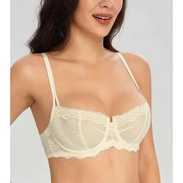 Lemorosy Women's Non-Padded Underwire Lace Balconette Unlined Demi Sheer Bra