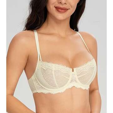 Lemorosy Women's Non-Padded Underwire Lace Balconette Unlined Demi Sheer Bra