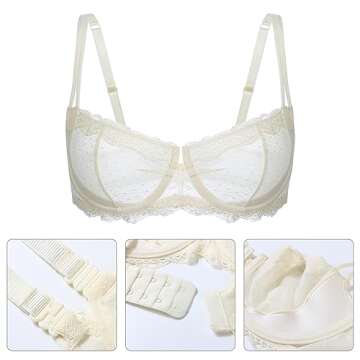 Lemorosy Women's Non-Padded Underwire Lace Balconette Unlined Demi Sheer Bra